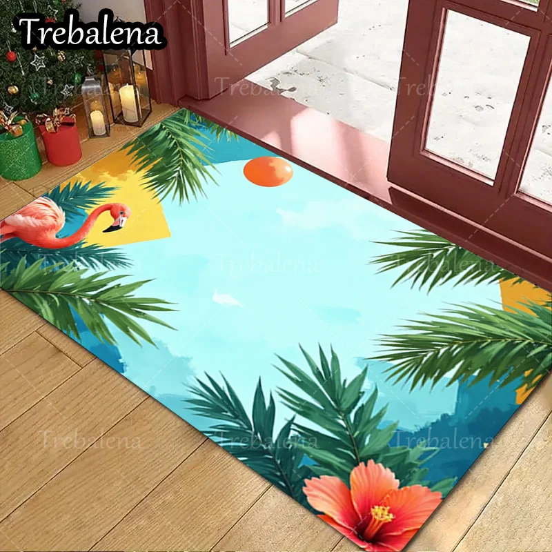 

1pc Welcome Door Mat Tropical Flamingo Palm Leaves and Hibiscus Flower Doormat for Home Decor