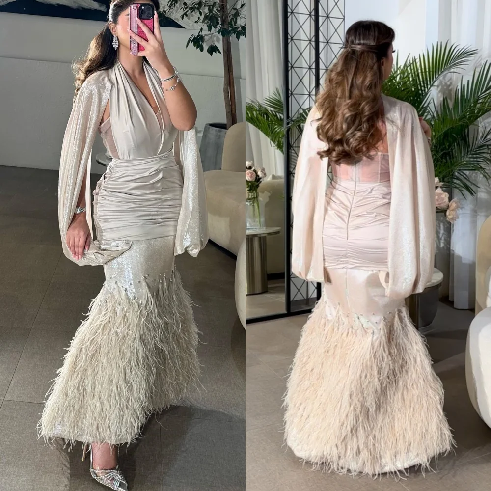 

Customized Sexy Casual Jersey Feather Rhinestone Pleat Clubbing Mermaid Halter Bespoke Occasion Gown Long Dresses