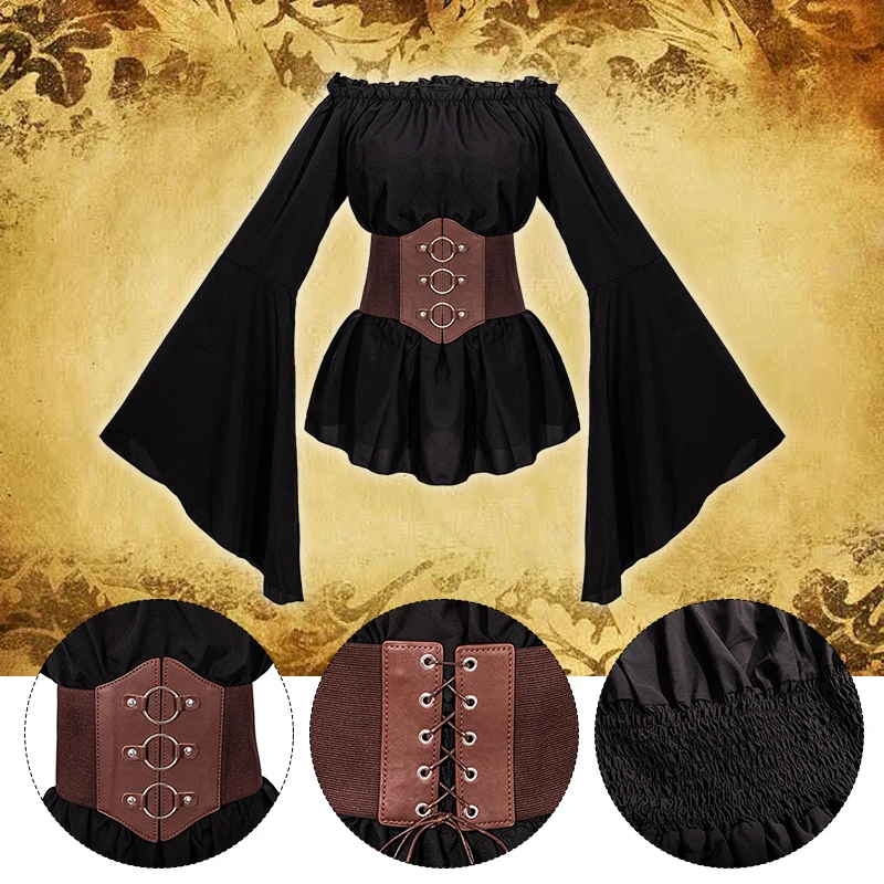 Medieval Renaissance Blouse Women Victorian Off Shoulder Shirts With Waist Belt Punk Pirate Cosplay Costume Vintage Corset Tops