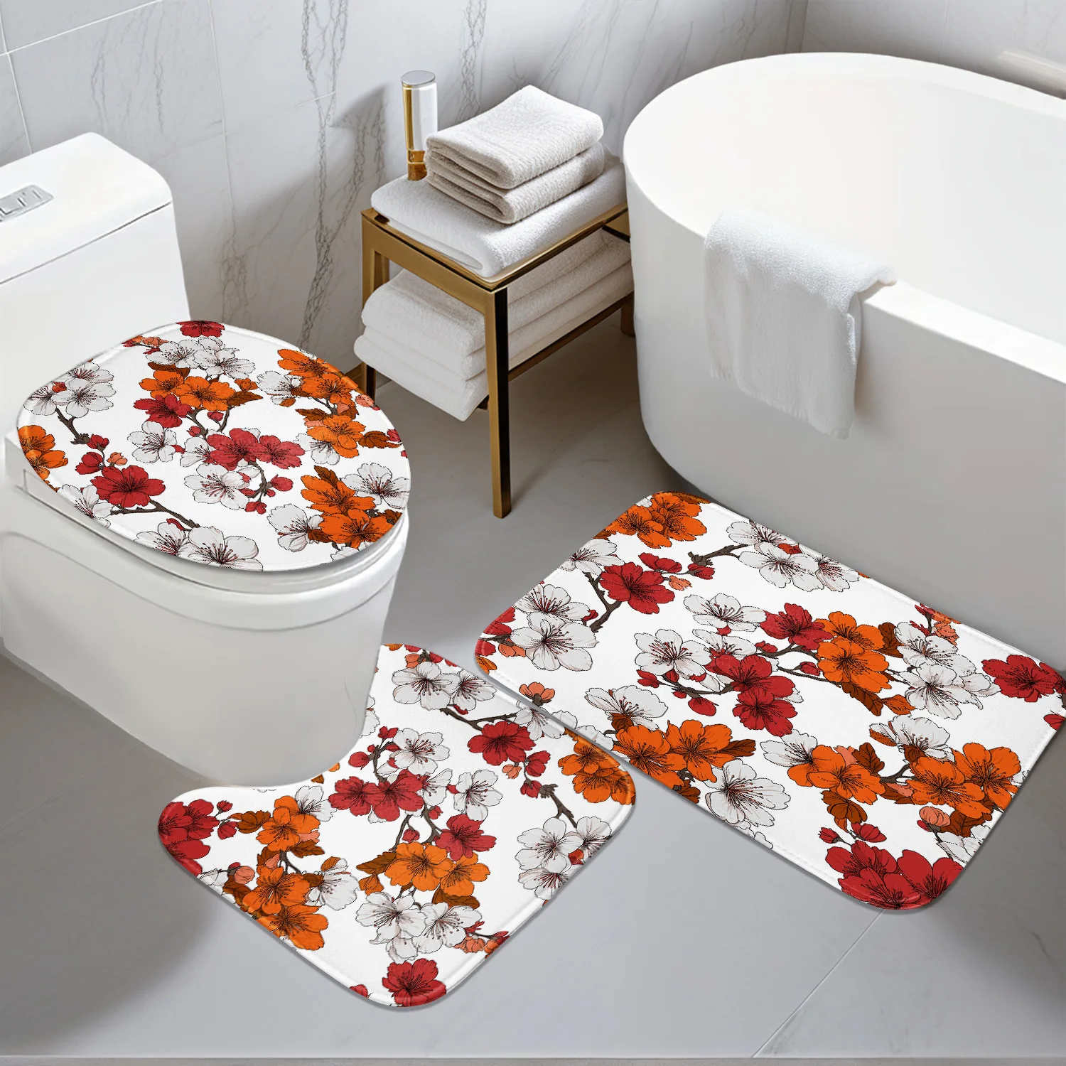 

Bathroom Anti-Slip Mat Set - 3pcs Kit with Red, White & Orange Floral 2D Design Print - Includes Non-Slip Mat, U-Shaped Mat
