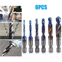6PCs Tap Drill Bits Set Titanium Plated Hex Shank HSS Screw Thread Metric 3 In 1 Compound Tap M3 M4 M5 M6 M8 M10 Hand Tools