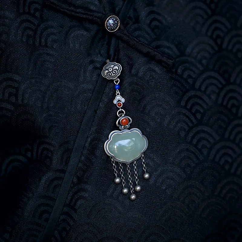 

Natural Hotan Jade classic long tassel pendant Retro Chinese style 925 silver placket button pendant Cheongsam jewelry