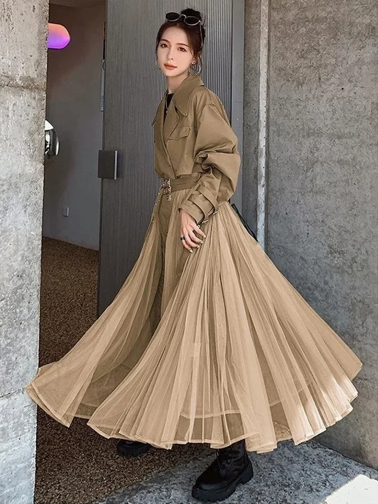 Fashion Sense of design Women's long windbreaker 2025 spring autumn new splice pleated gauze single breasted coat пальто