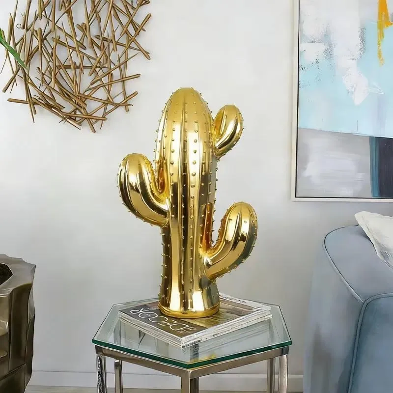 Modern Nordic minimalist creative home decoration living room engraving gold resin cactus sculpture ornament