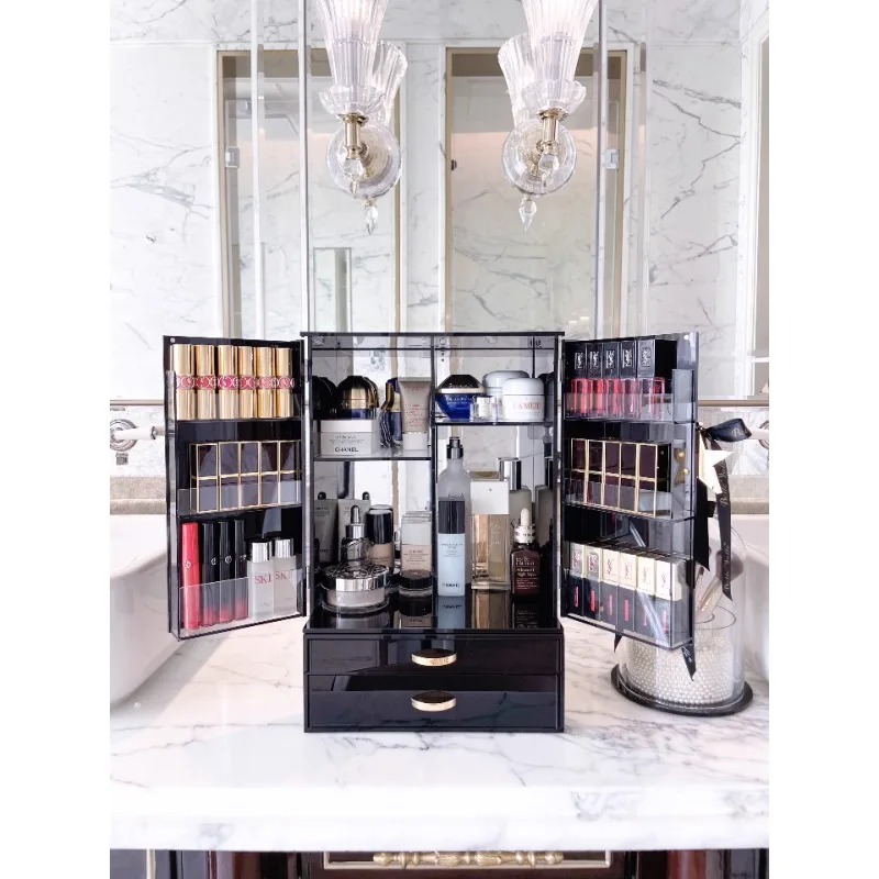 

Lipstick makeup storage box cabinet, high-grade black and white acrylic double door dustproof heterosexual lipstick lip glaze st
