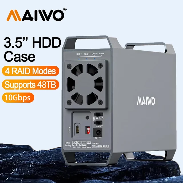 MAIWO 3,5-calowa skrzynka na dysk twardy, dwuzanowa skrzynka na dysk RAID, zewnętrzna skrzynka na dysk SATA na USB 3.0, cztery tryby RAID z wentylatorem