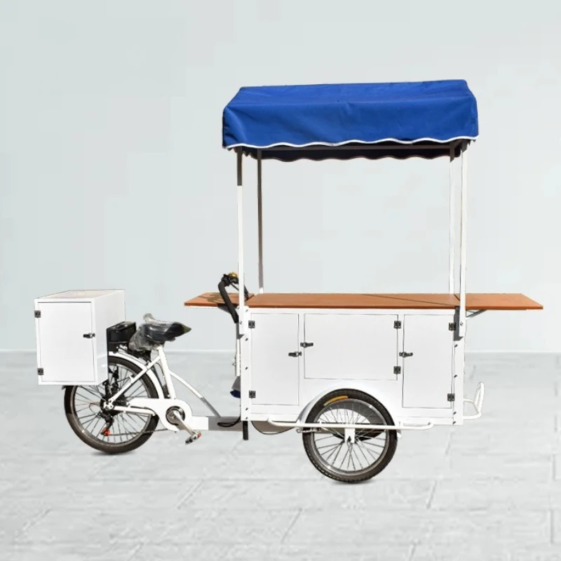 

White wrought iron coffee bicycle milk tea commercial street Internet celebrity stall cold drink car