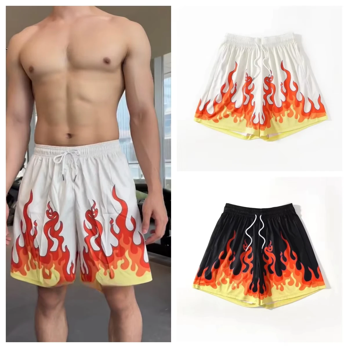 Flame Pattern Sports Shorts Summer Casual Loose Breathable Quick Drying Basketball Shorts Fitness Trend Summer Beach Shorts Moto