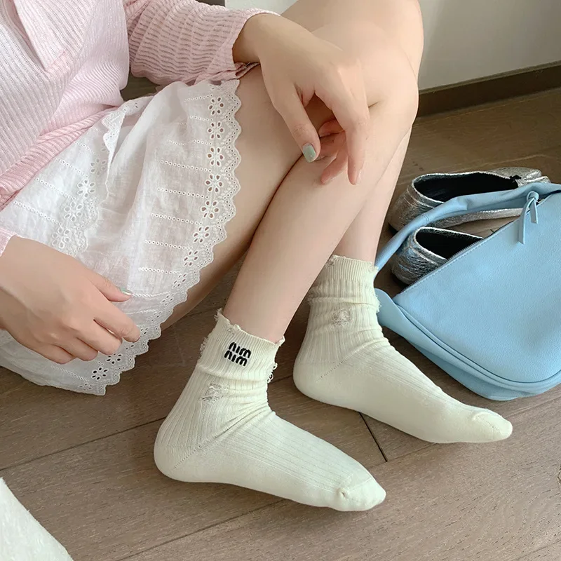 Trendy Autumn/winter Embroidery Letters Holes Beggar Women Socks Cotton Personality Tide Movement Socks Wholesale