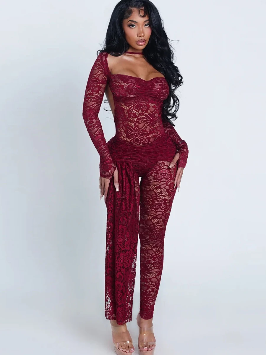 

Sexy Lace See-through Long Sleeve One-piece Suit Women's Slim-fit Long Pants Set Wine Red Attractive Folded Hem Fashionable