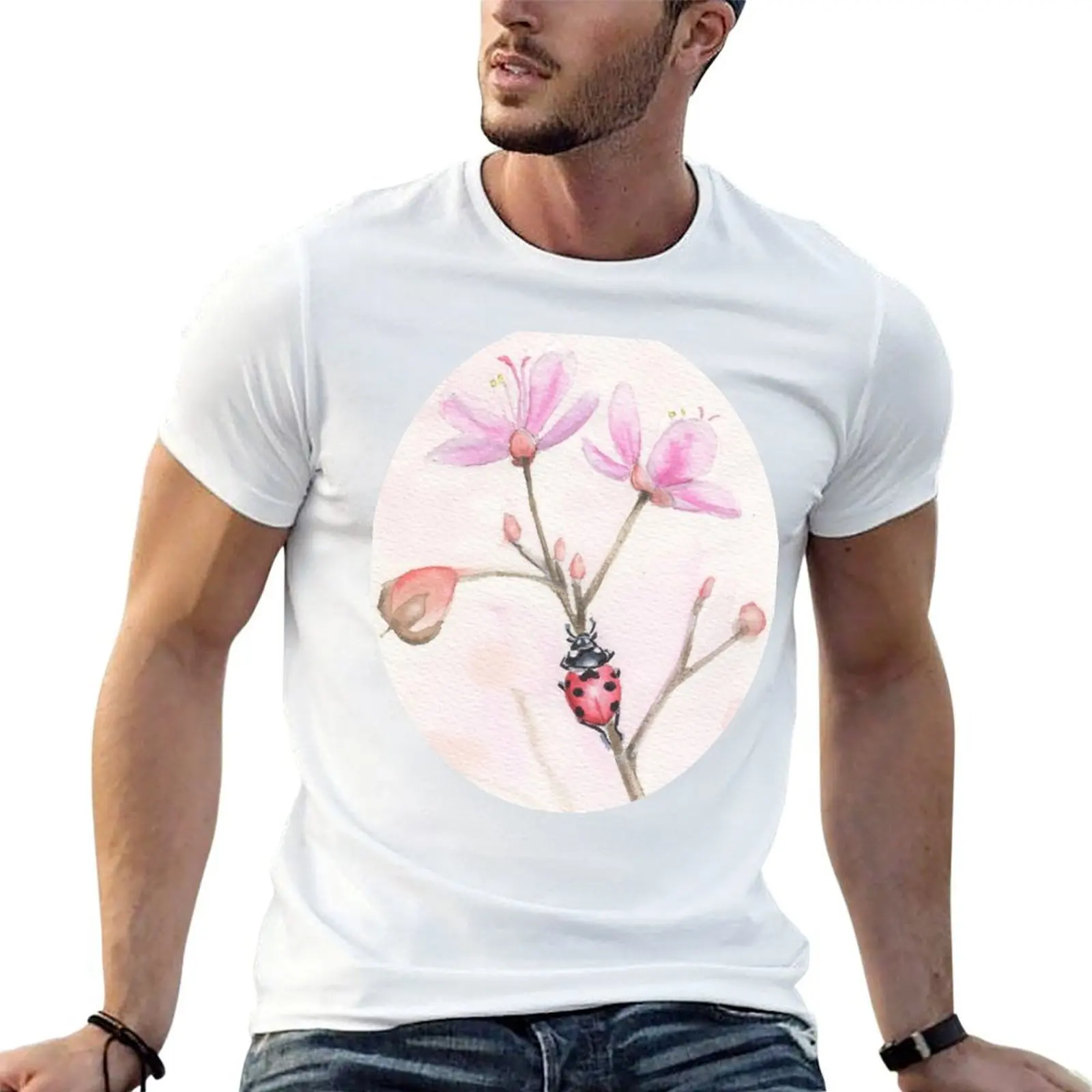 

Ladybug on pink blossoms T-Shirt man t shirt summer t shirts with prints man t shirt graphic T-Shirt