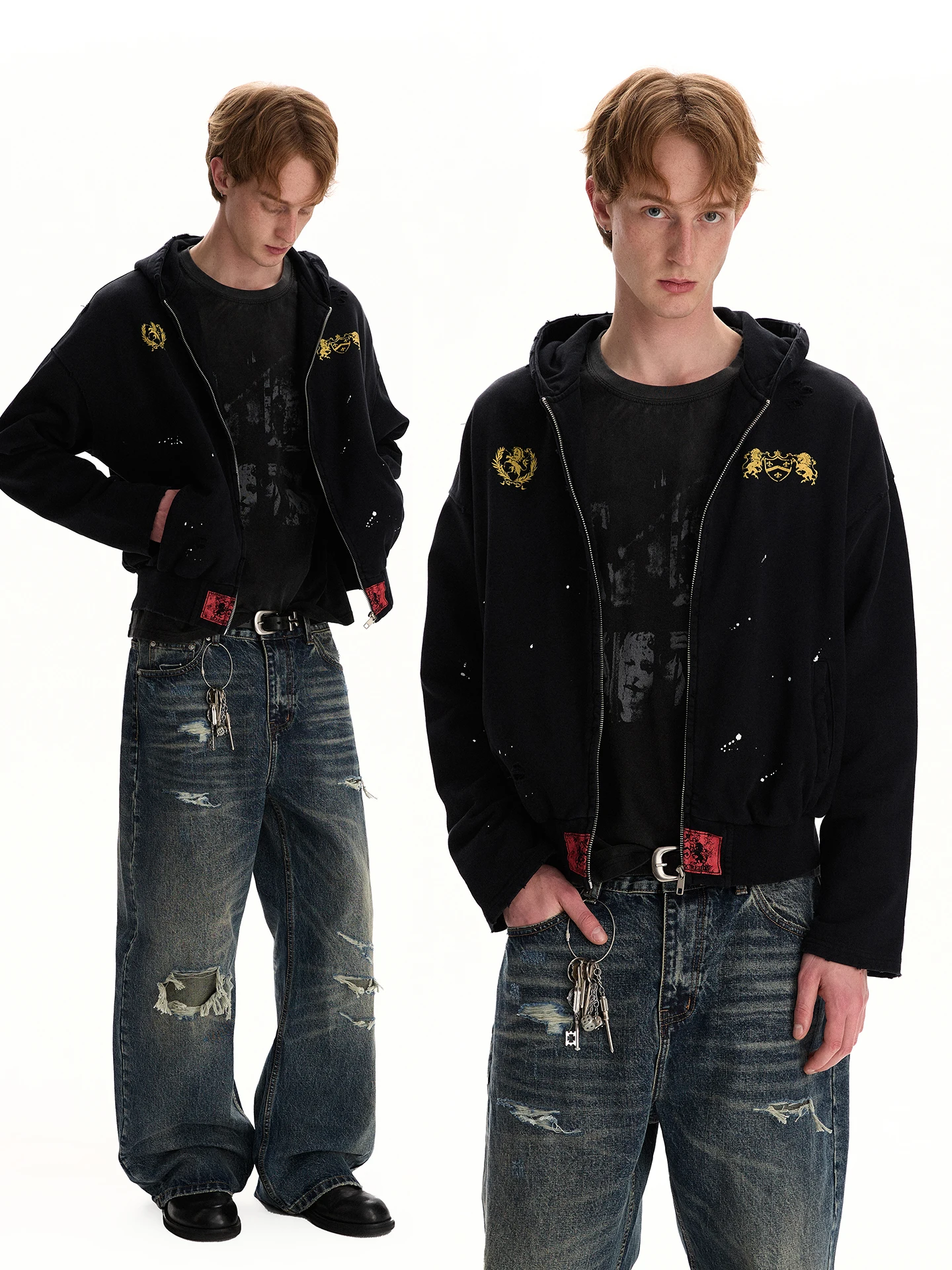 

a PUEE Street Retro Vintage Faded Dye Print Hoodie Lightweight Boxy Short Coat Men's Casual Cotton Sweatshirt Spring Autumn