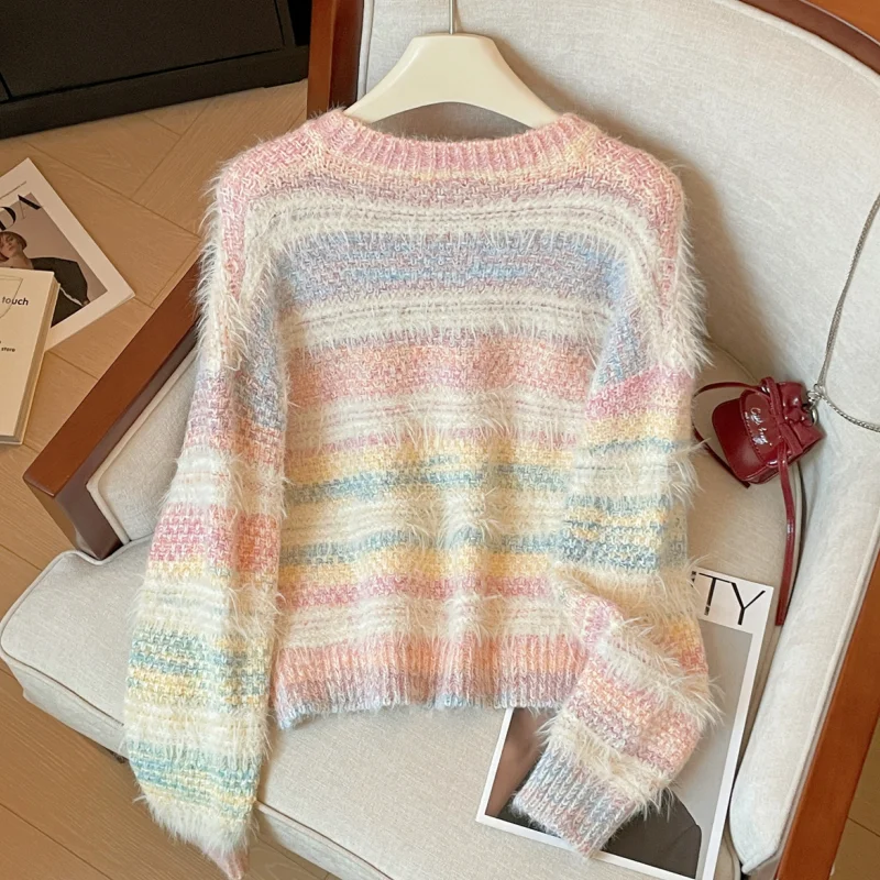 Pink Stripe Sweater Pullover Winter Women's Clothing Stylish Cashmere Cozy Chunky Knit Sweater Cold WeatherJacket Female Tops