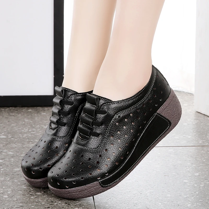 Split leather Hollow Shoes Woman platform Heel High 5cm Women SneakersLoafers Ladies shoes