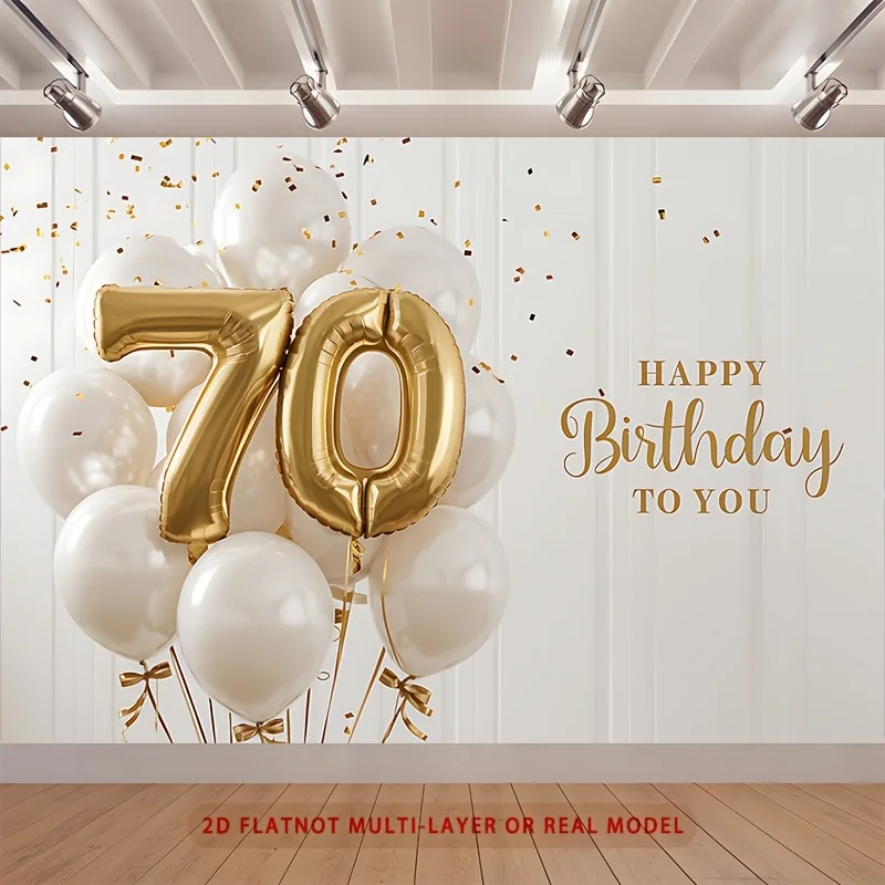 1 Party-Banner „Happy 70th Birthday“ – Hintergrundstoff aus goldfarbenem und weißem Polyester, mit Ballon- und Confel-Design