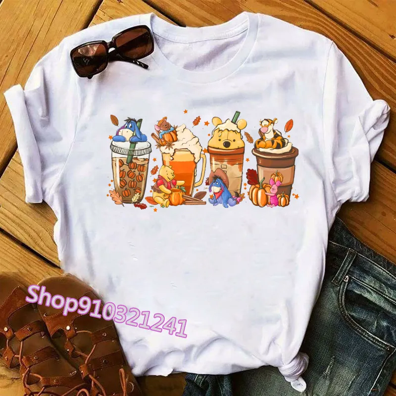 Women Tee Shirt Cartoon Halloween Coffee Short Sleeve T-shirts Print Valentine's Day Tshirt Female Winnie The Pooh T Shirts