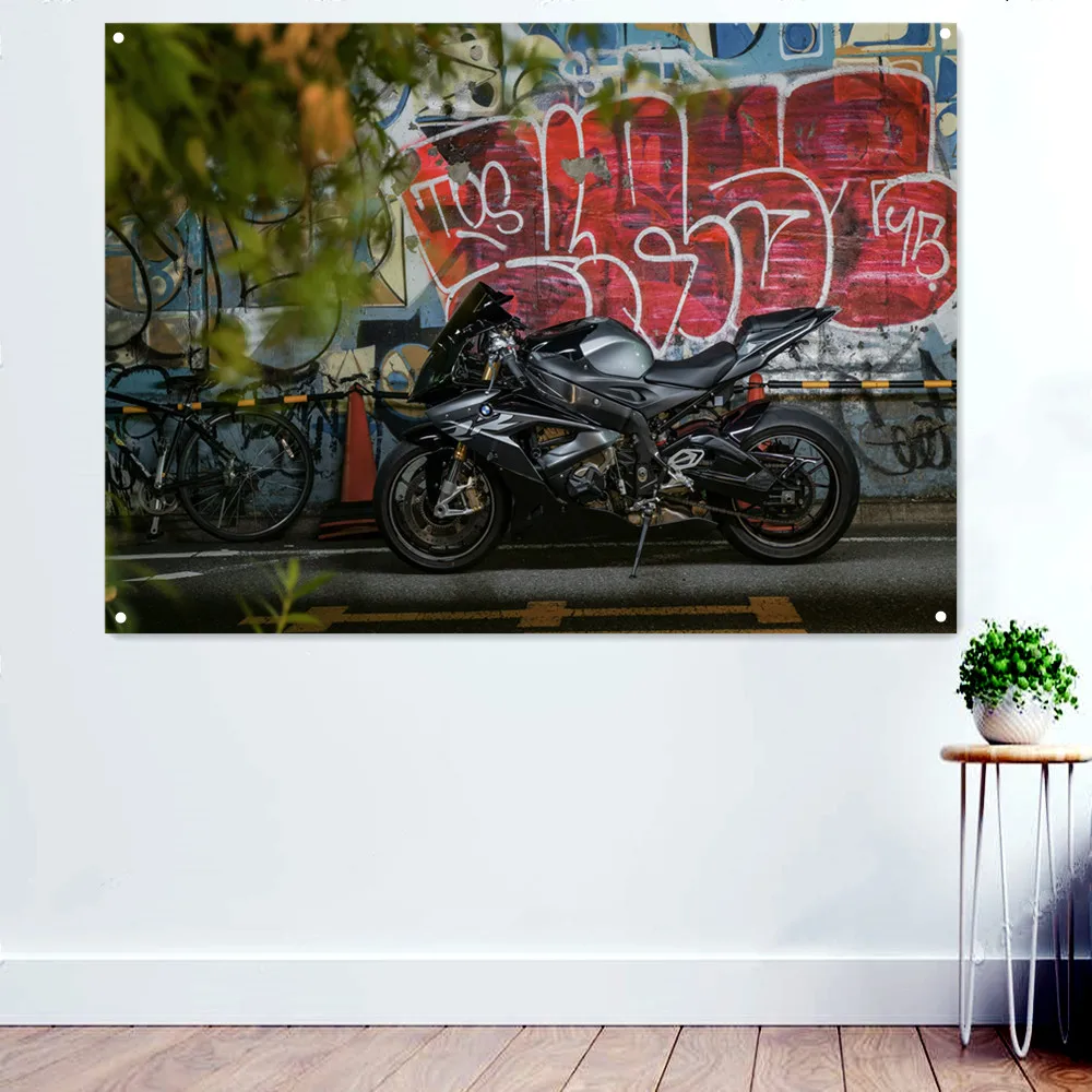 

Graffiti Hip Hop Art Motorcycle Wall Art Poster and Prints Banner Flag Painting for Men Cave Teen Boys Room Decor Mural Tapestry