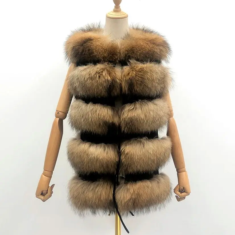 JANEFUR Real Fur Vest for Mother Daughter 2023 Luxury Warm Plus Size Women Girls Natural Raccoon Fur Sleeveless Coat