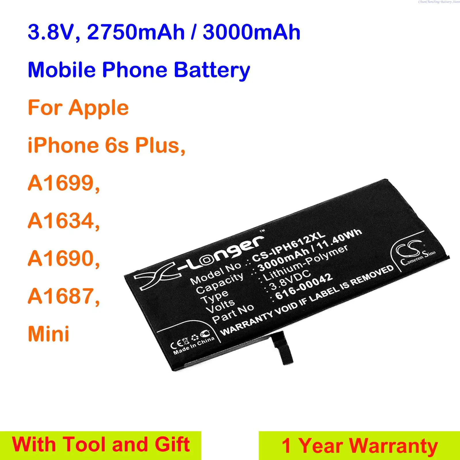  2750mAh/3000mAh Mobile Phone Battery 616-00042 for Apple A1634, A1687, A1690, A1699, iPhone 6s Plus