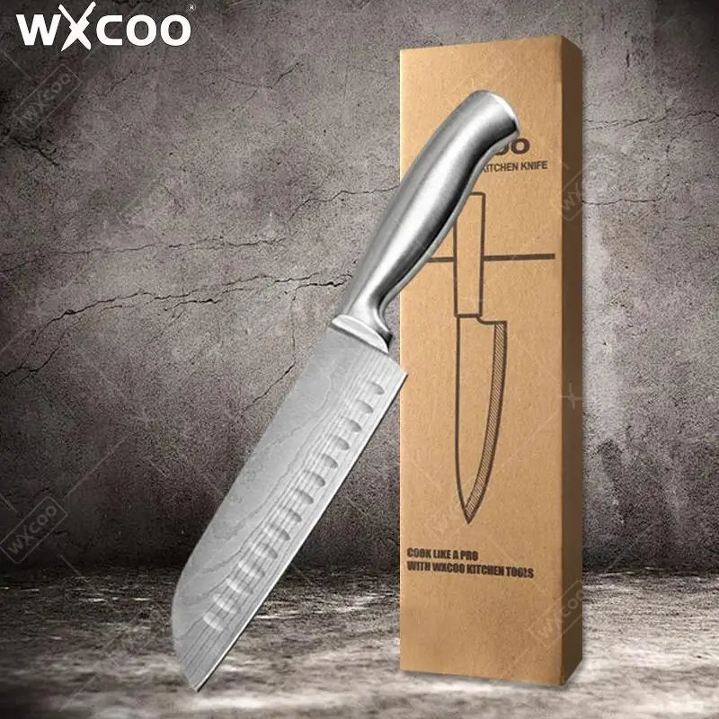WXCOO Damascus Laser Pattern Santoku Knife 7inch Full Stainless Steel Knife Cleaver Knife Cooking Fruit Utility Knife with Box