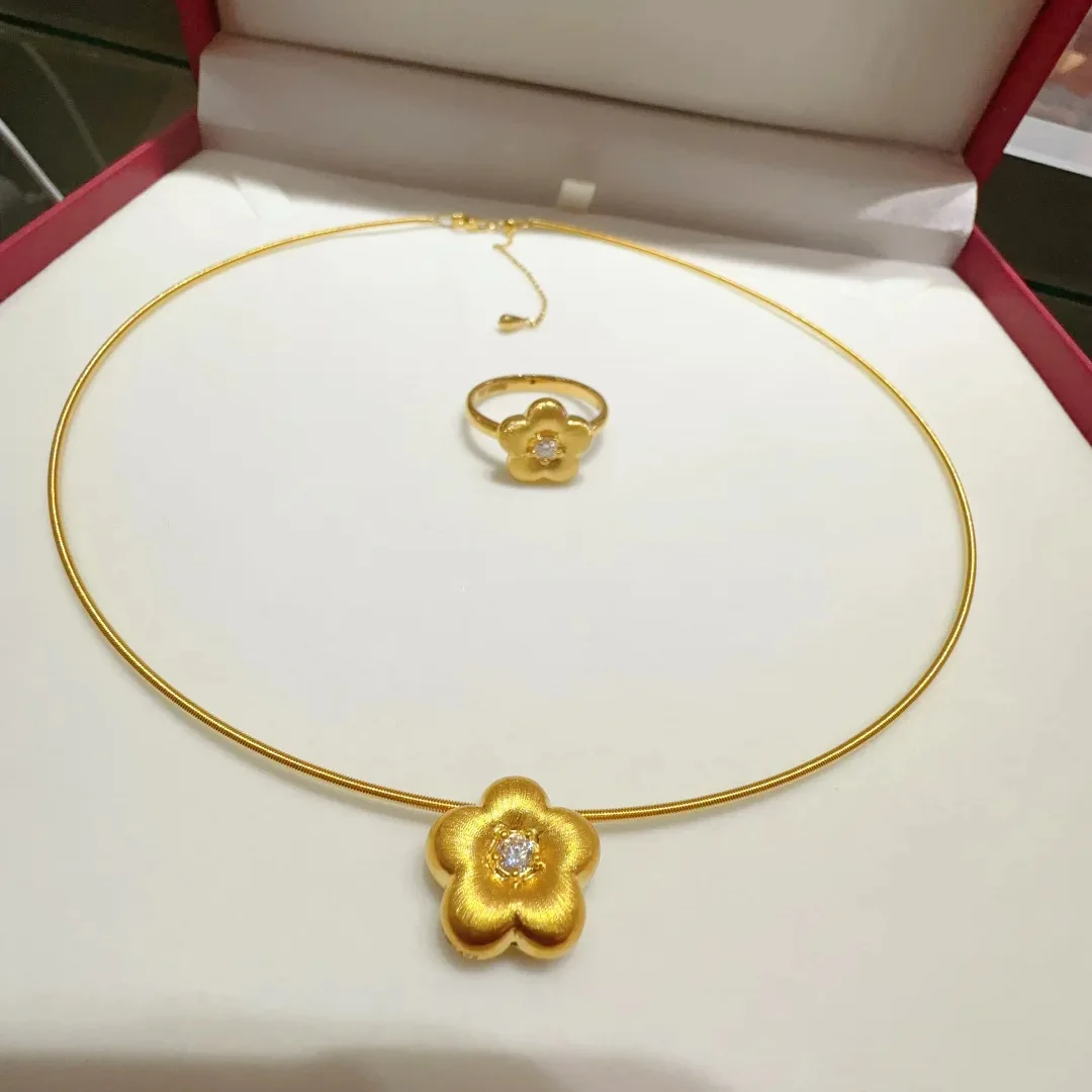 S925 Pure Silver Necklace, Stud Ring, Bracelet, Diamond-Embedded Brushed Gold Flower, Premium Plum Blossom Collar with Flowers