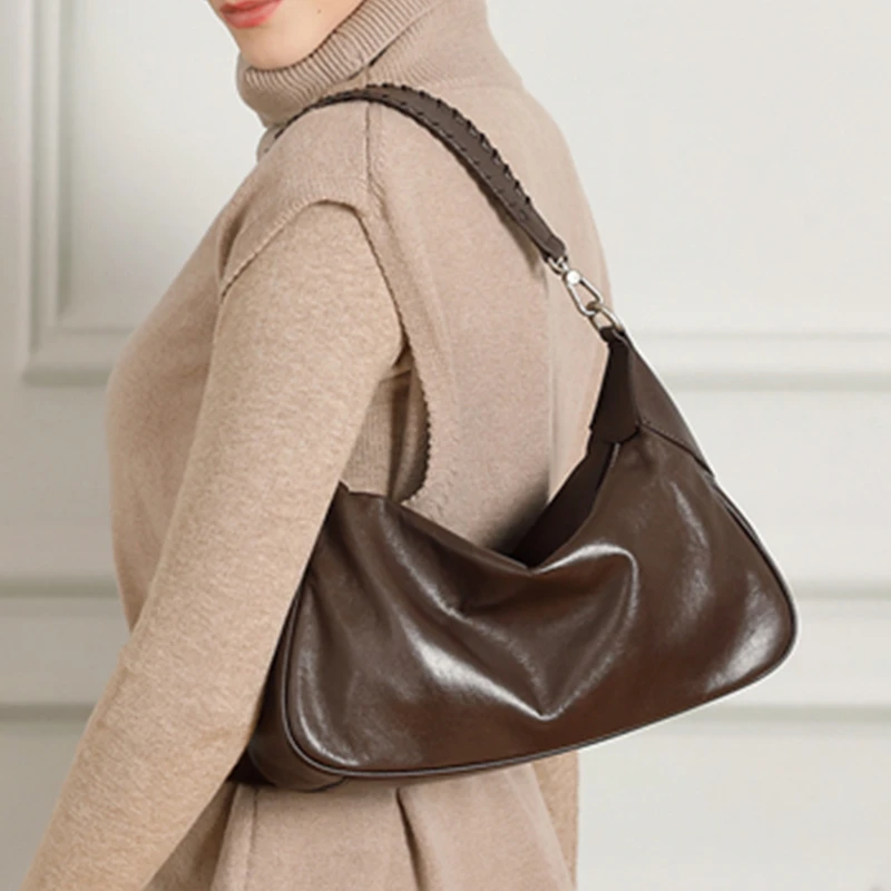 

Burminsa Cowhide Genuine Leather Underarm Shoulder Bags For Women 2025 Luxury Designer Crossbody Hobos Crescent Ladies Handbags