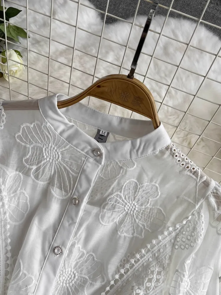 Fashion Ladies Embroidered Flower Dress Women's Stand Collar Lantern Sleeve Elegant Vintage Mesh Patchwork Mini Vestidos