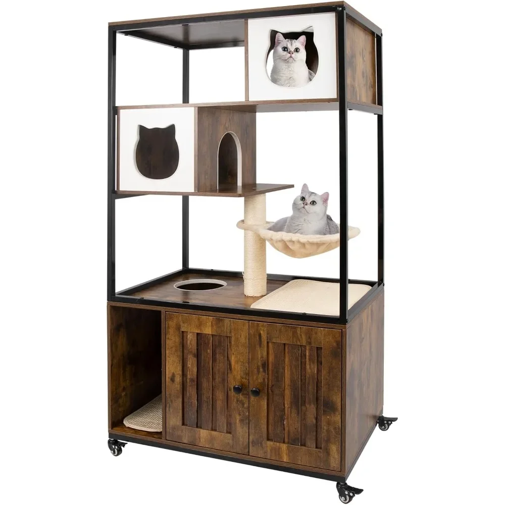 

Cat Litter Box Enclosure, Wood All-in-one Indoor Cat Furniture with Large Platform and Condo, Modern Cat House, Scratching Posts