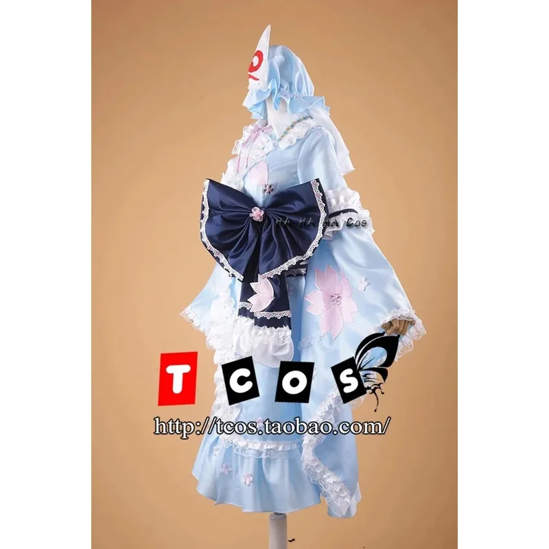 Touhou Project Saigouji Yuyuko 애니메이션 코스프레 코스튬, 할로윈 파티 코스프레 코스튬 풀 세트, 남녀 가발 팬 양말 소품