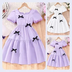 2024 Dress Teens Girl Clothes Summer Short Sleeve 8 9 10 11 12 Years Old Korean Style Casual Bow Tie Party Clothing For Women