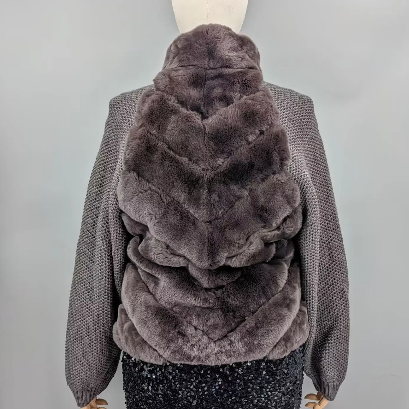 Women Brown Real Chinchilla Rex Rabbit Fur Knitted Sleeve Jacket Stand Collar Zip Up Winter Short Fur Coat Outerwear