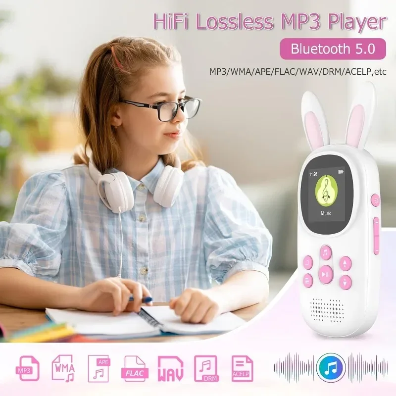 32GB Music MP3 Player for Kids, Cute Bunny Kids Music MP3 Player with BT, MP3 & MP4 Players with Speaker, Support up to 128GB