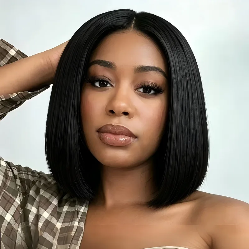 Black, middle-parted, smooth Bob Short straight hair wig