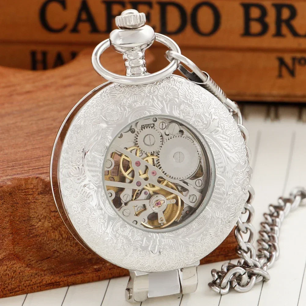 Fashion Silve Personality Mens Mechanical Hand Wind Pocket Watch with Chain Steampunk Vintage Pocket Fob Watch PJX1749