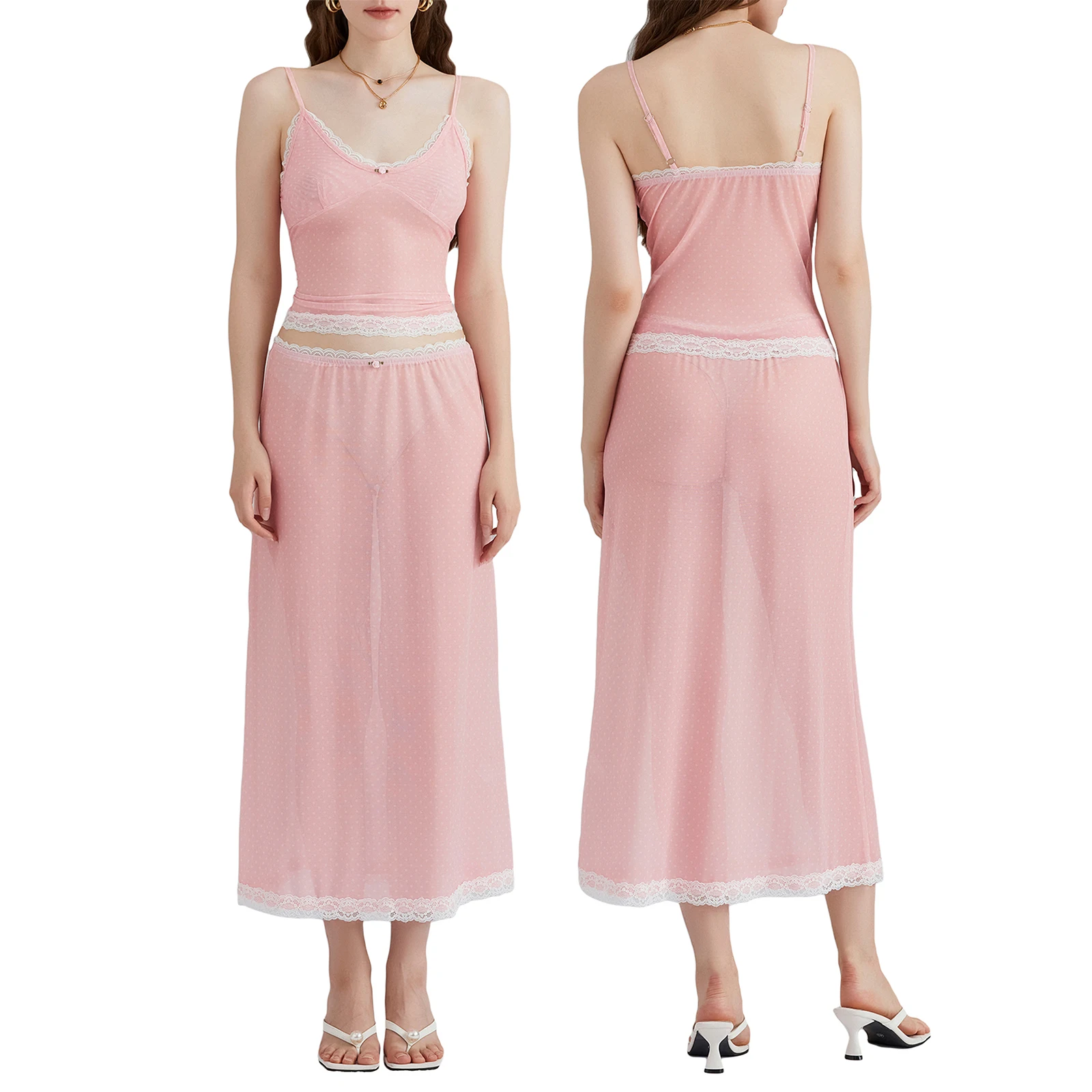 

2024 New Women's 2 Piece Skirts Outfits Lace Patchwork Cami Tops Sleeveless Tank Tops Low Waist Midi Skirts Clothes Set