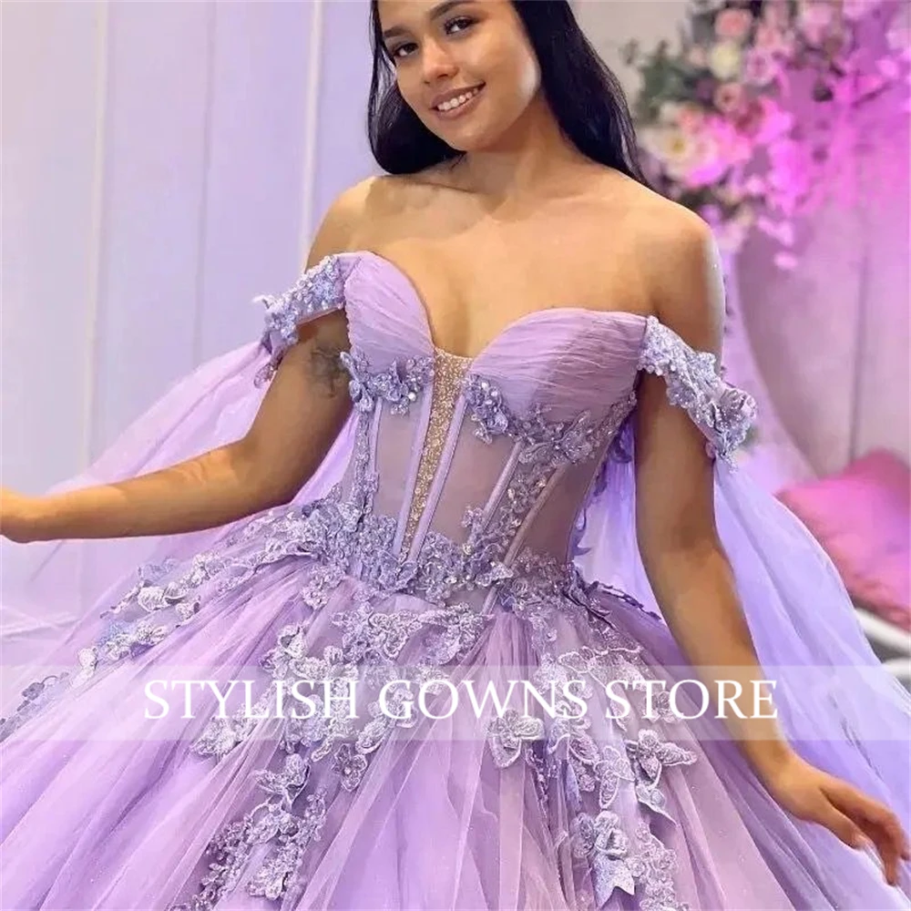 Vestido morado con hombros descubiertos para quinceañeras, vestido de baile con cuentas y flores en 3D, vestido de lujo para cumpleaños, apliques, vestido de princesa, capa personalizada, 2024