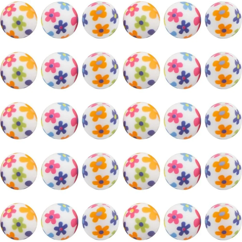 

30 шт., бусины с цветочным принтом, силиконовые круглые бусины с принтом, 15 мм, мягкие резиновые бусины с цветочным узором, фокусная свободная прокладка, комплект ремешков