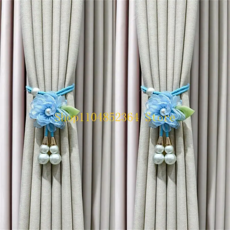 652F Curtain Organizers Tiebacks 2PC Pearls Flower Ties For Modern Interior Styling