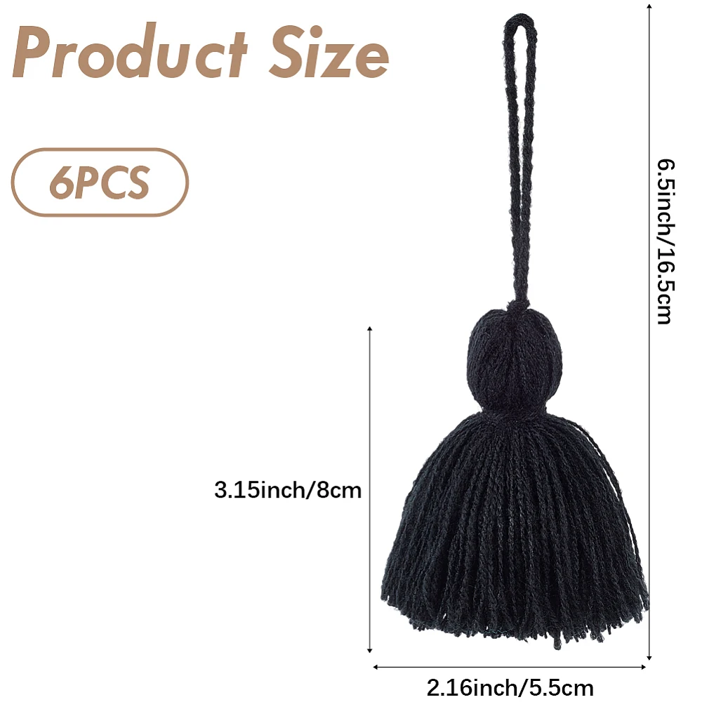 6Pcs Solid Cotton Tassel with Loop 6 Inch Black Handmade Loop Hanging Tassels Jewelry Making Art Textile Garments Curtains