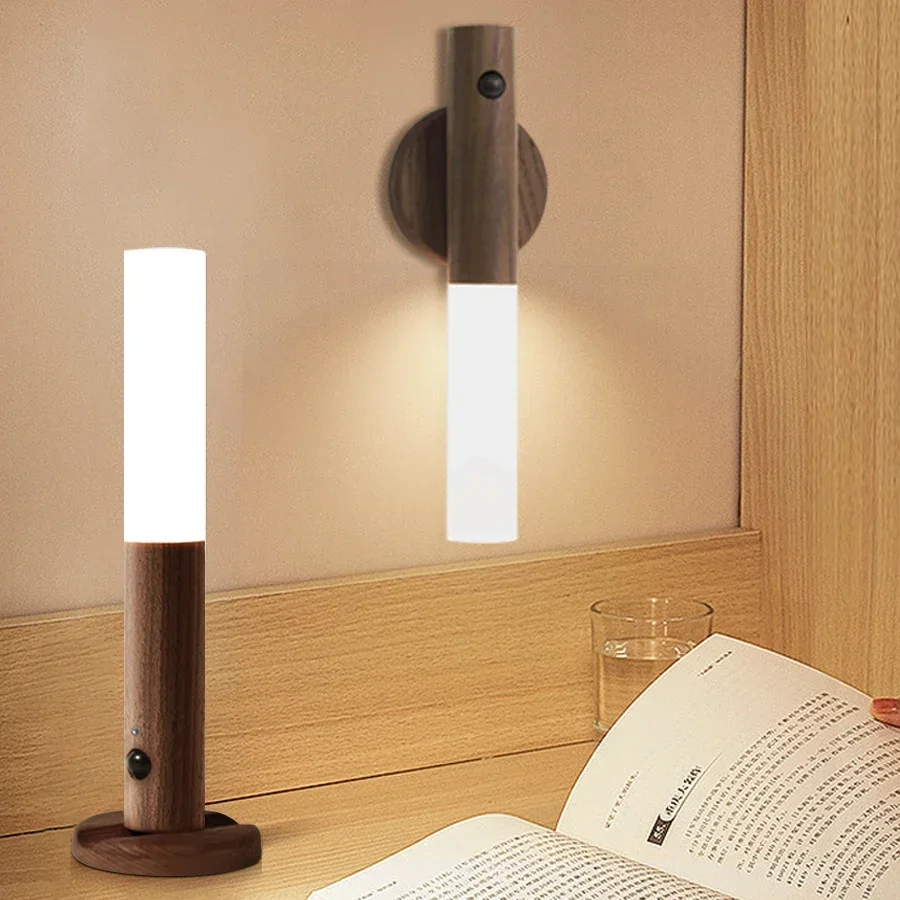 LED Night Light Human Sensor Wireless Magnetic Wood Wall Lamp Bedside Lighting Portable Kitchen Bedroom Cabinet Closet Light