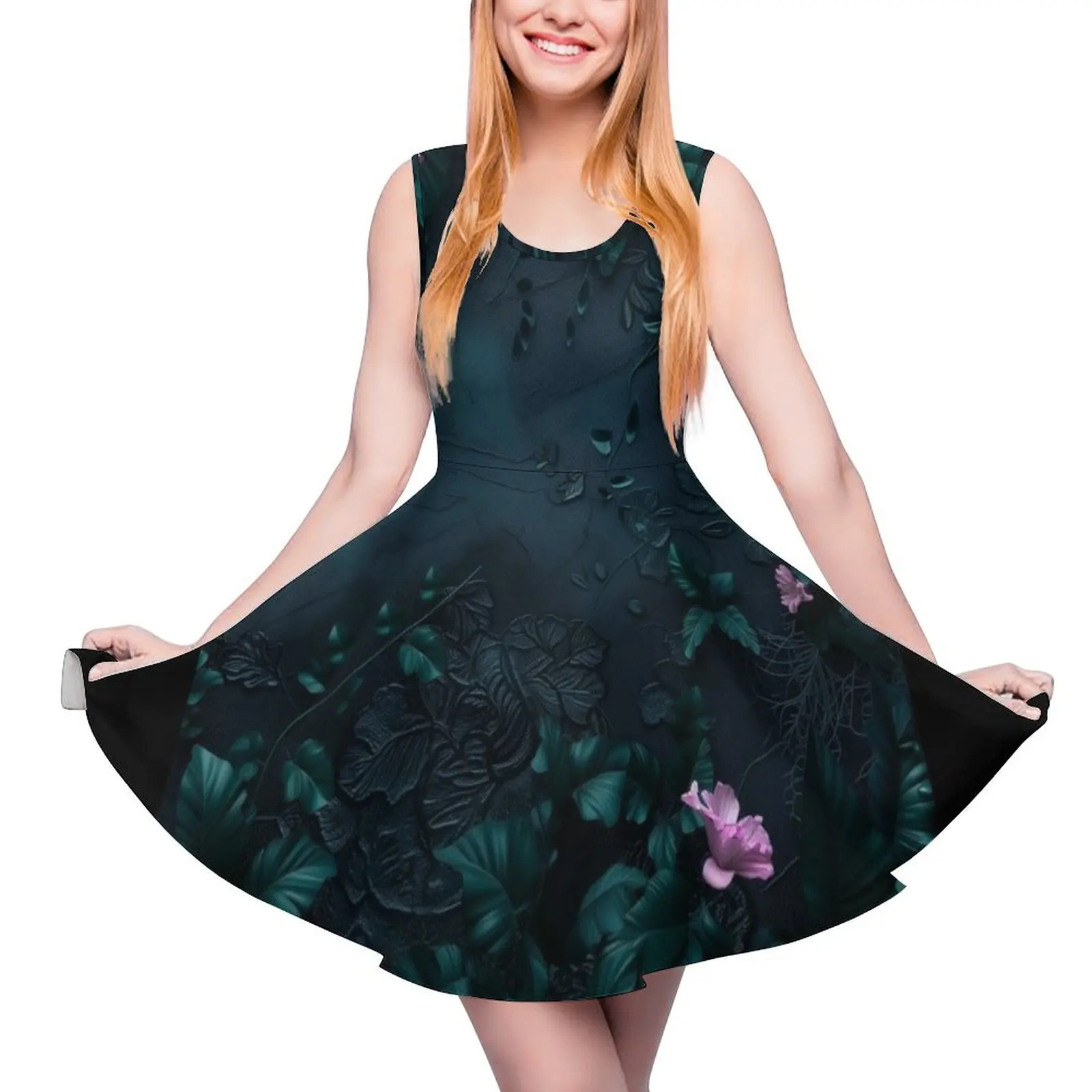 

Black leather texture and 3d floral lace Sleeveless Dress women"s summer clothing 2024 Women"s long dress