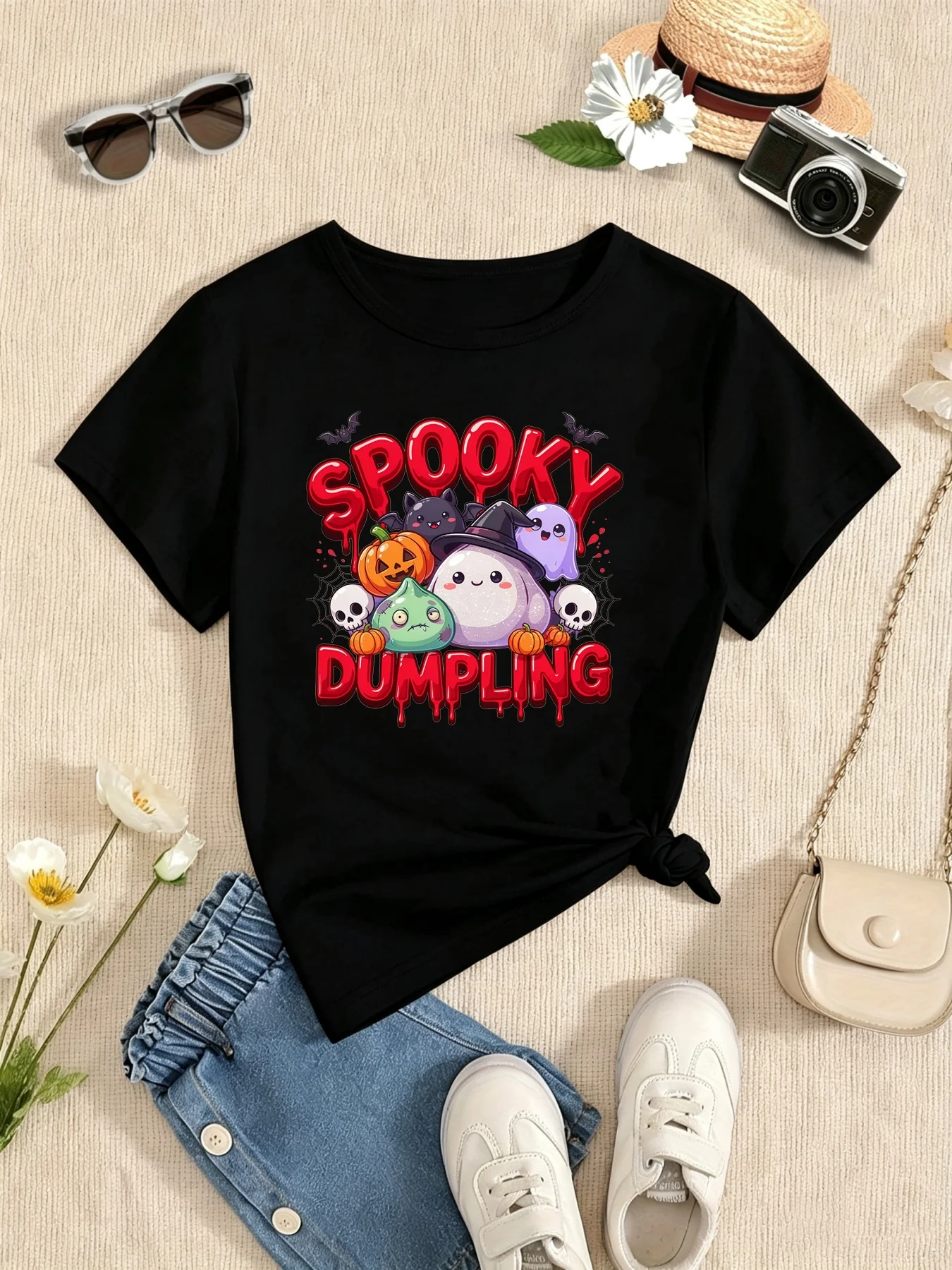 Halloween Spooky Dumpling Pumpkin Printed T Shirt Girls/Boys Kids Clothes Halloween Gift T-Shirt White/Black/Blue/Purple T-Shirt