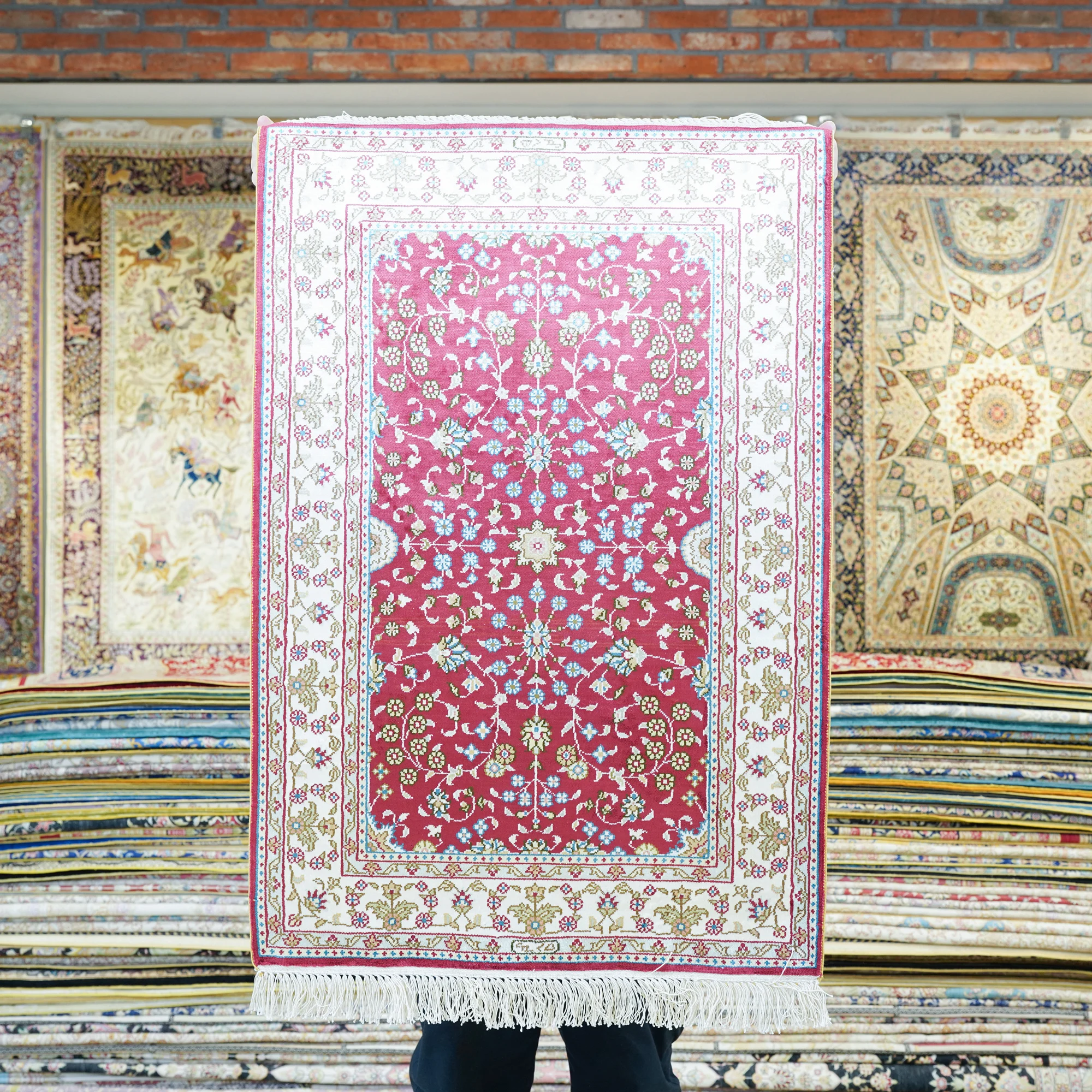 

61x91cm Pure Silk Rug Sample Small Oriental Persian Carpets Hand Knotted High Quality Luxury Floral Tabriz Rugs Girls Room Decor