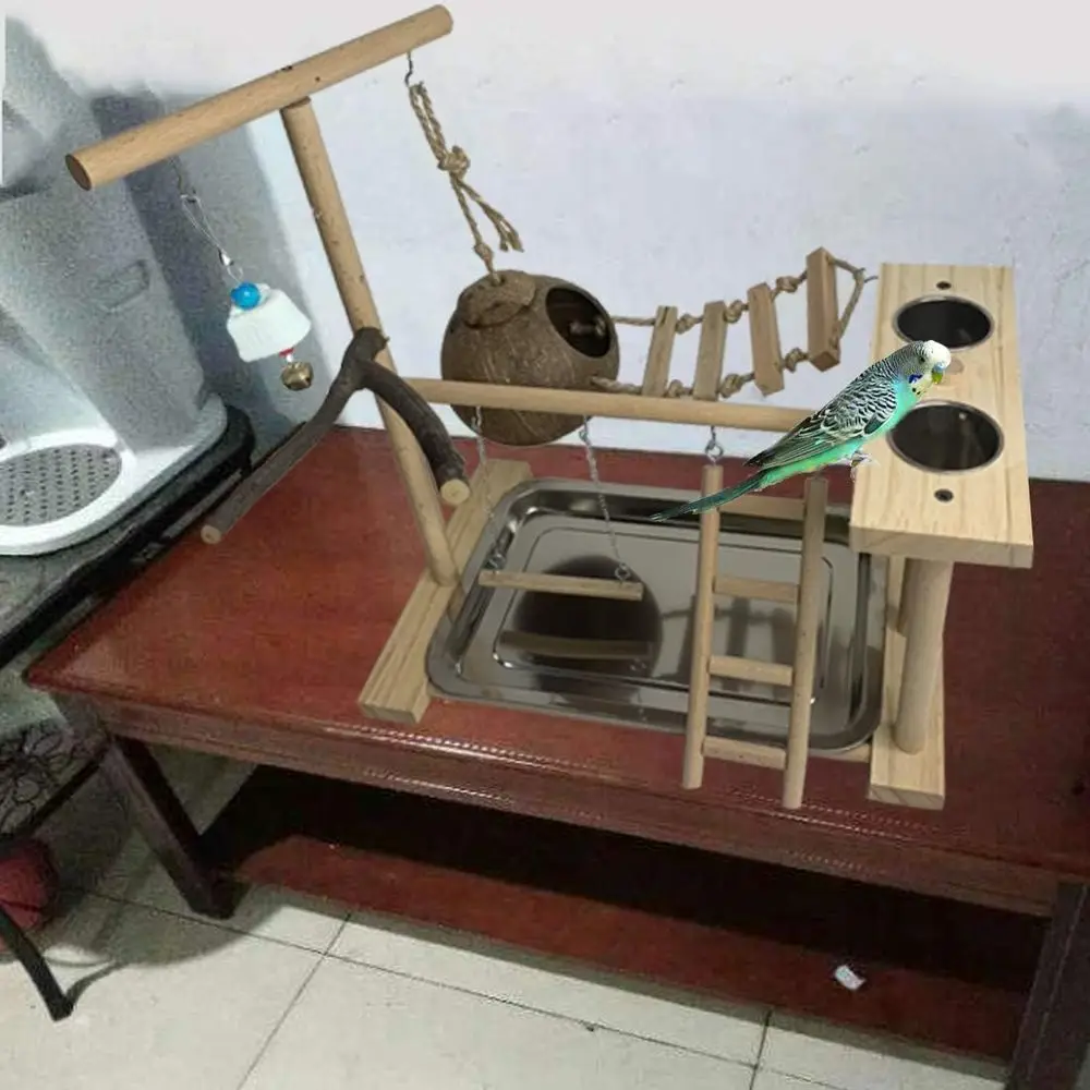 

Деревянная игровая площадка для попугаев с кормушками, лестницей и спортивным комплексом для корелл и неразлучников