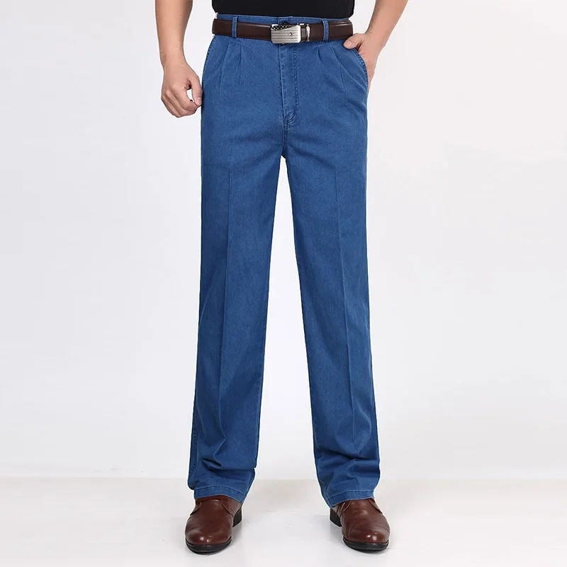 

Spring and Summer Thin Middle-aged and Elderly Men's Jeans with Double Pleats and Loose Fit, Dad Casual Denim Long Pants