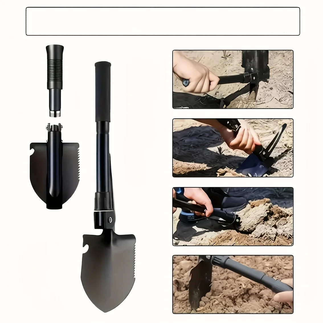 Tactical Folding Survival Shovel w/ Compass, Saw, Handle, Pickaxe & Camo Bag - Durable Stainless Steel for Camping - view 2