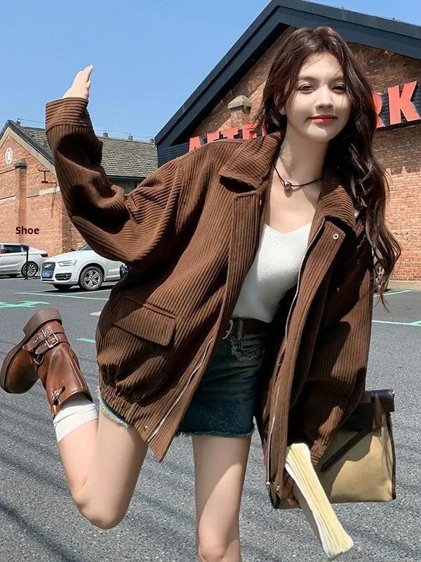 Casual Loose Women's Jacket Coffee Color Lapel Spring Autumn New Korean Style Lazy Match All Zipper Pocket Corduroy Short Coat