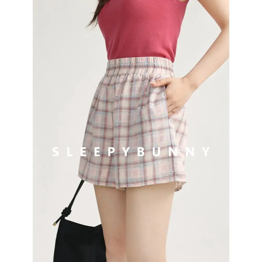 Sweet Checkered Woven Shorts Women Elastic Waist Loose Fit Casual High-Waisted Plaid Wide-Legged Shorts Perfect Summer Bottom
