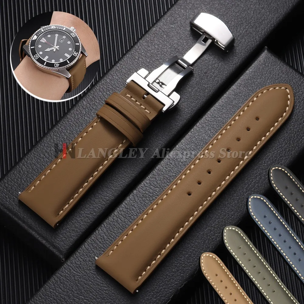 18mm 20mm 22mm Echtes Kalbsleder-Uhrenarmband für Omega für Rolex Business-Uhrenarmband mit Schmetterlingsverschluss und brauner Naht