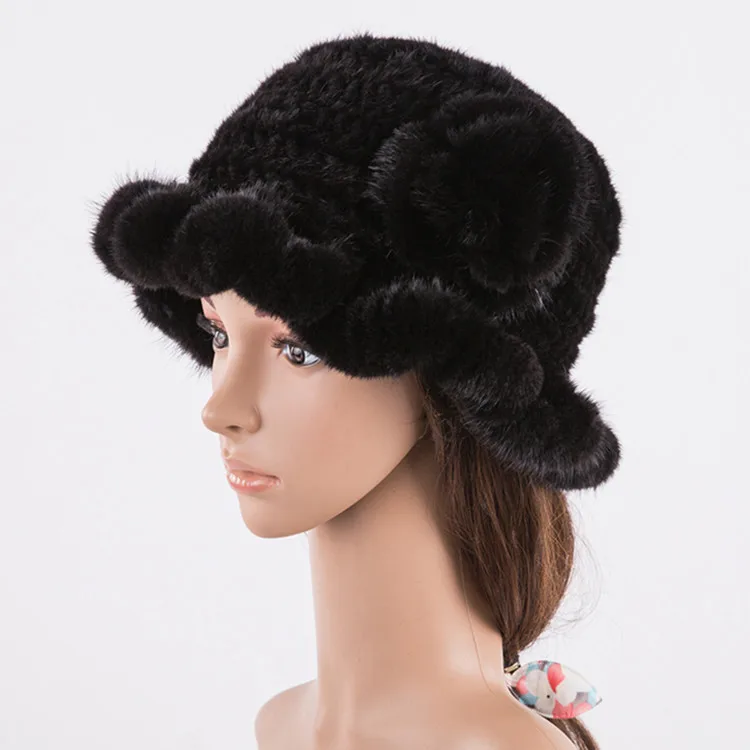 

Women Hat Winter Solid Color Genuine Mink Fur Caps with Flower Russian Female Soft Bucket Hats